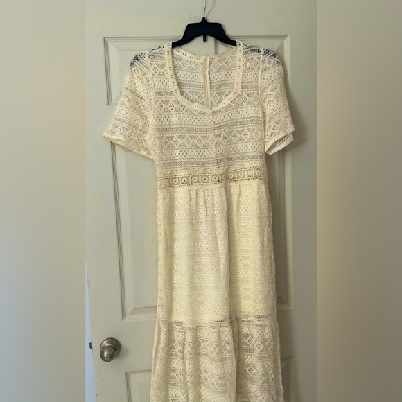 NWT Korean Soft Girl Square Collar ALine Midi Summer Lace Embroidery Party Dress - Picture 3 of 11